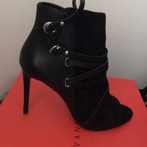 Black multi suede high heel ankle booties (sz 8)
